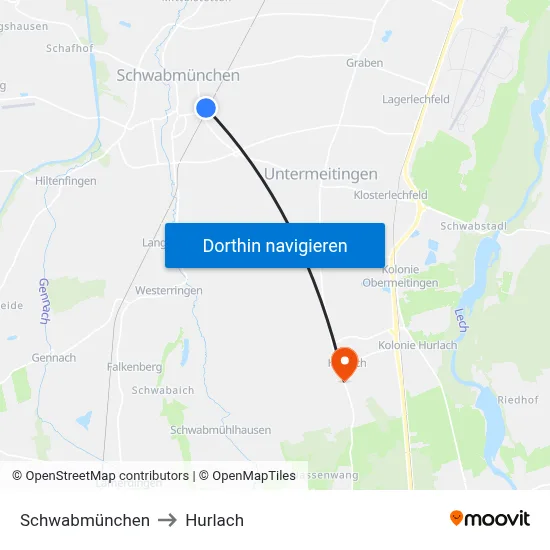 Schwabmünchen to Hurlach map