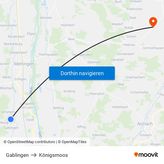 Gablingen to Königsmoos map