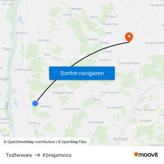 Todtenweis to Königsmoos map