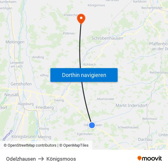 Odelzhausen to Königsmoos map