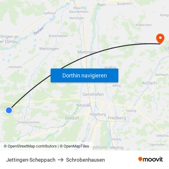 Jettingen-Scheppach to Schrobenhausen map