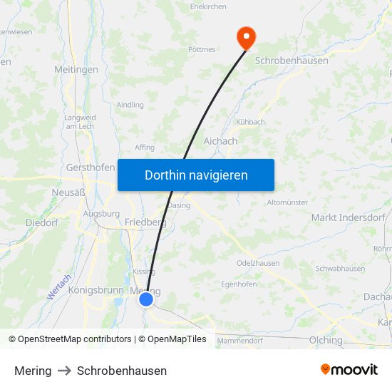 Mering to Schrobenhausen map