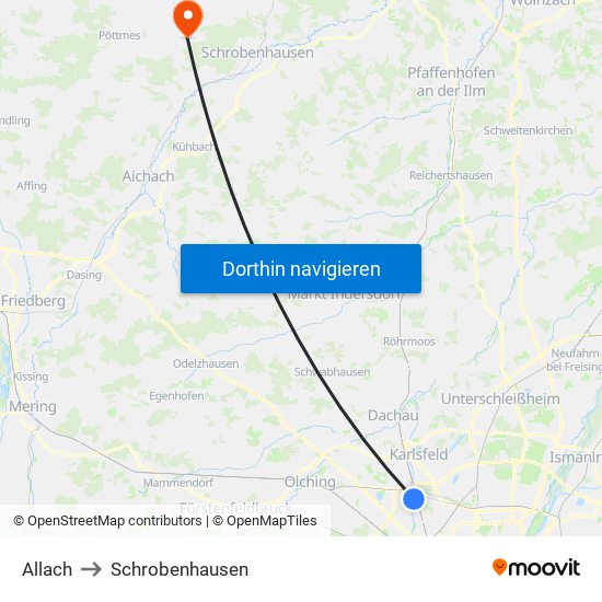 Allach to Schrobenhausen map