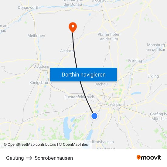 Gauting to Schrobenhausen map