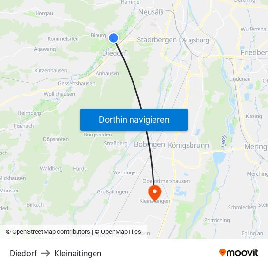 Diedorf to Kleinaitingen map