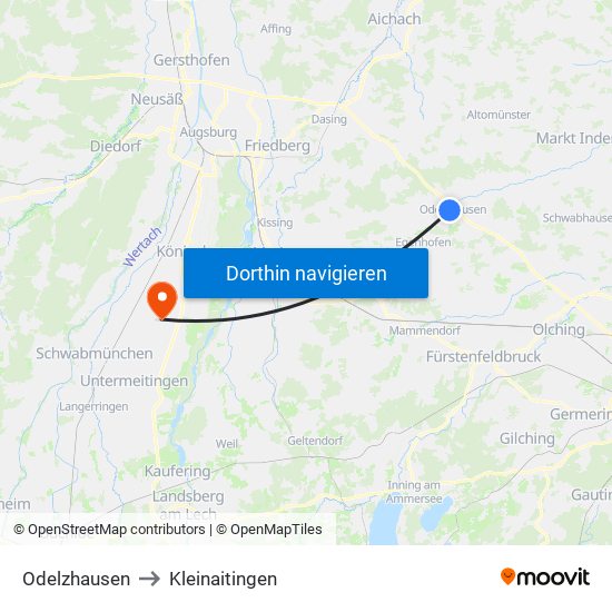 Odelzhausen to Kleinaitingen map