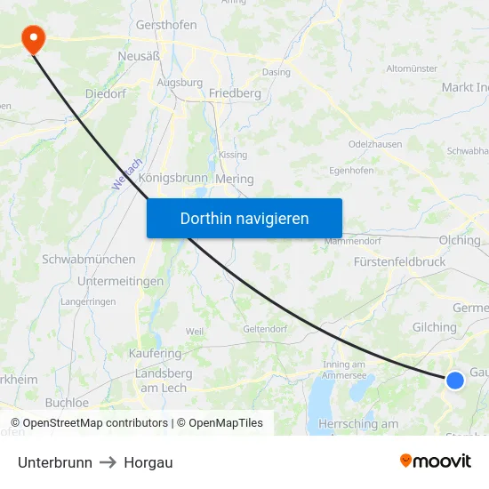 Unterbrunn to Horgau map