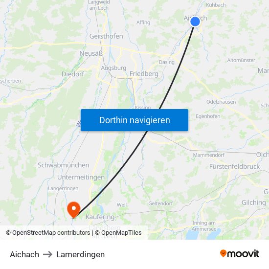 Aichach to Lamerdingen map