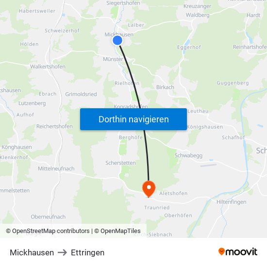 Mickhausen to Ettringen map