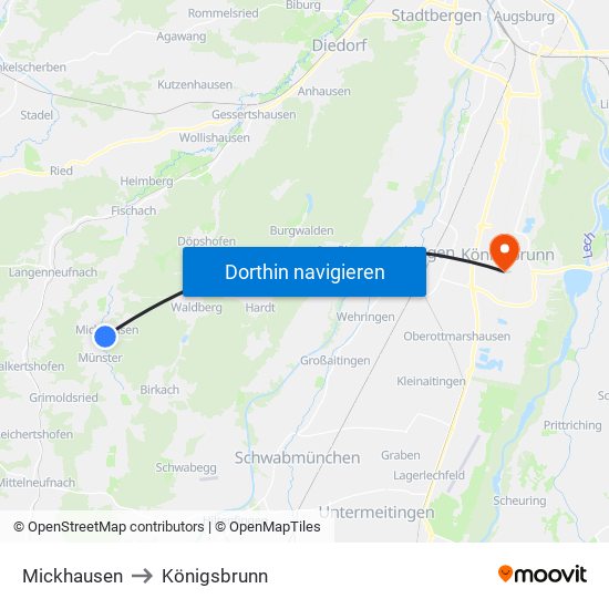Mickhausen to Königsbrunn map