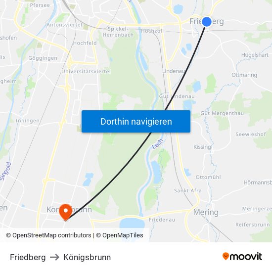 Friedberg to Königsbrunn map