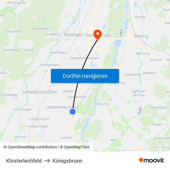Klosterlechfeld to Königsbrunn map