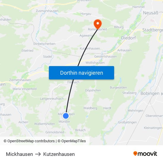 Mickhausen to Kutzenhausen map