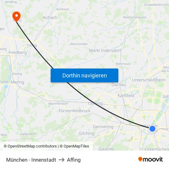 München - Innenstadt to Affing map