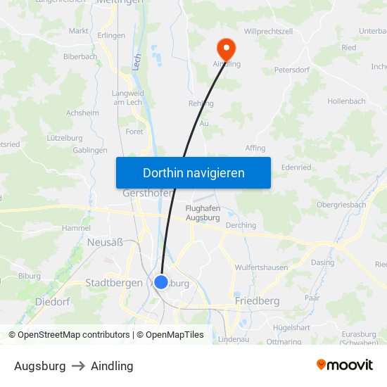 Augsburg to Aindling map