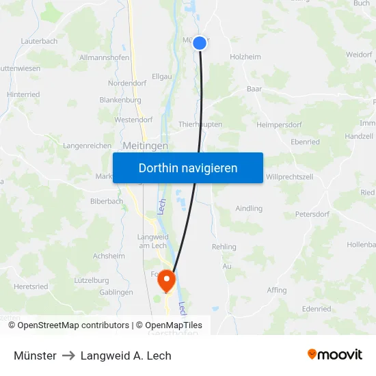 Münster to Langweid A. Lech map
