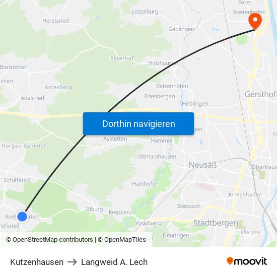 Kutzenhausen to Langweid A. Lech map