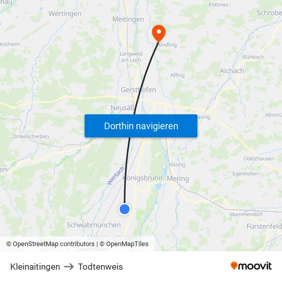 Kleinaitingen to Todtenweis map