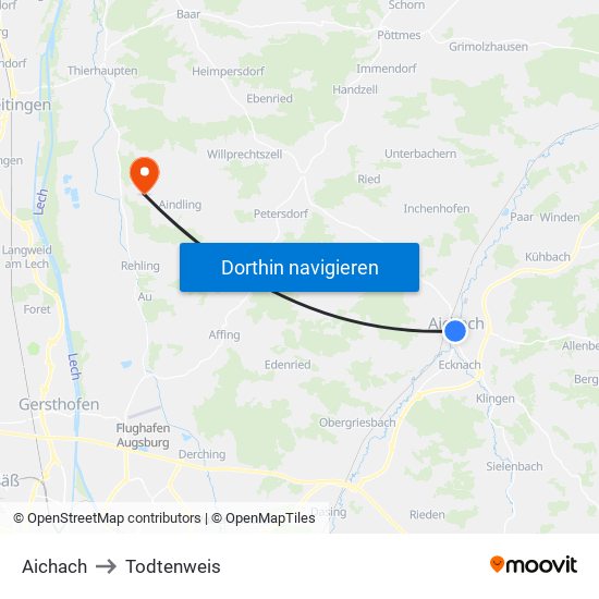 Aichach to Todtenweis map