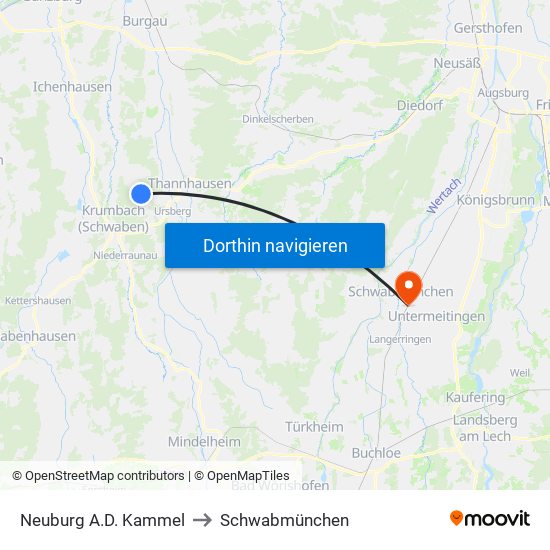 Neuburg A.D. Kammel to Schwabmünchen map