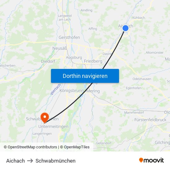 Aichach to Schwabmünchen map