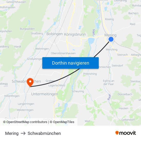 Mering to Schwabmünchen map