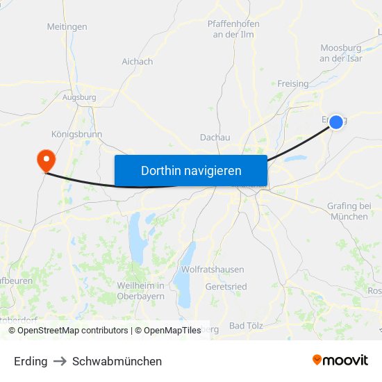 Erding to Schwabmünchen map