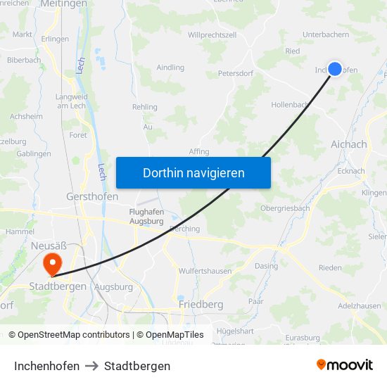 Inchenhofen to Stadtbergen map