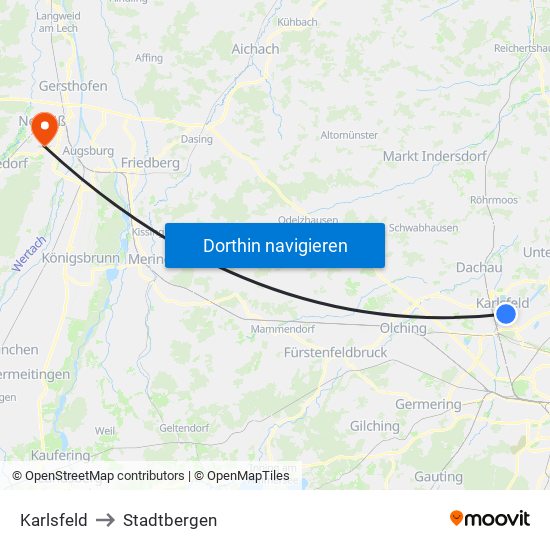 Karlsfeld to Stadtbergen map