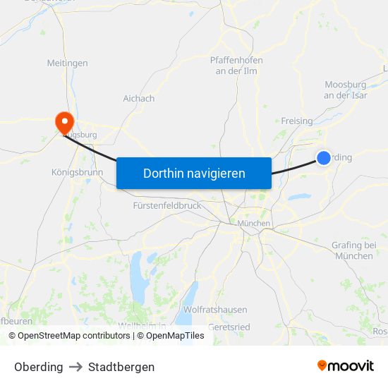 Oberding to Stadtbergen map