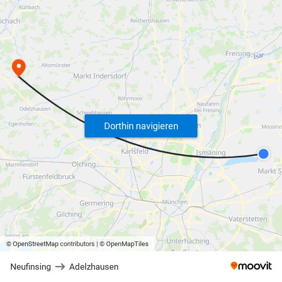 Neufinsing to Adelzhausen map