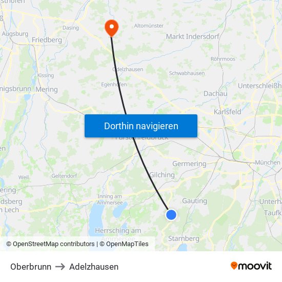 Oberbrunn to Adelzhausen map