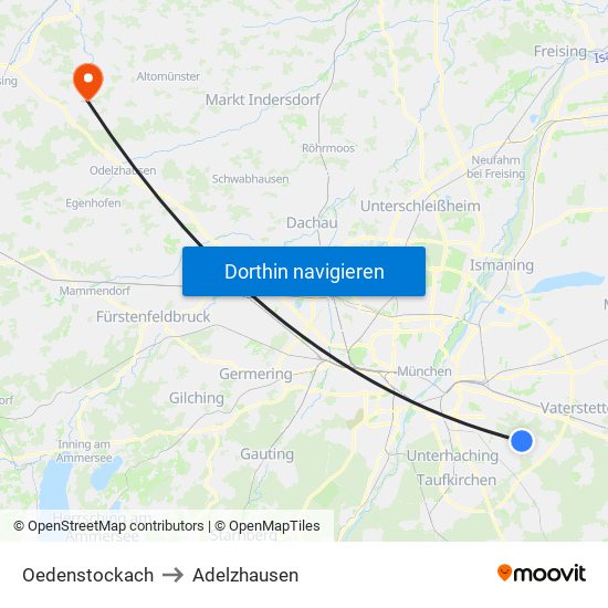 Oedenstockach to Adelzhausen map