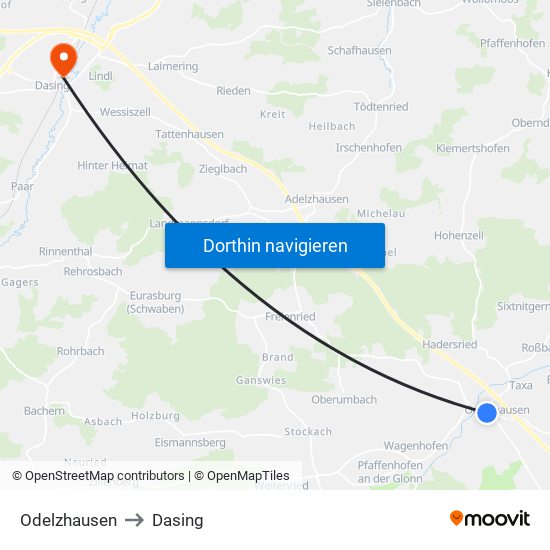 Odelzhausen to Dasing map