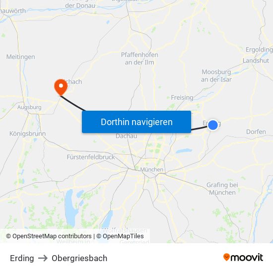 Erding to Obergriesbach map