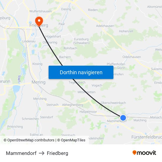 Mammendorf to Friedberg map