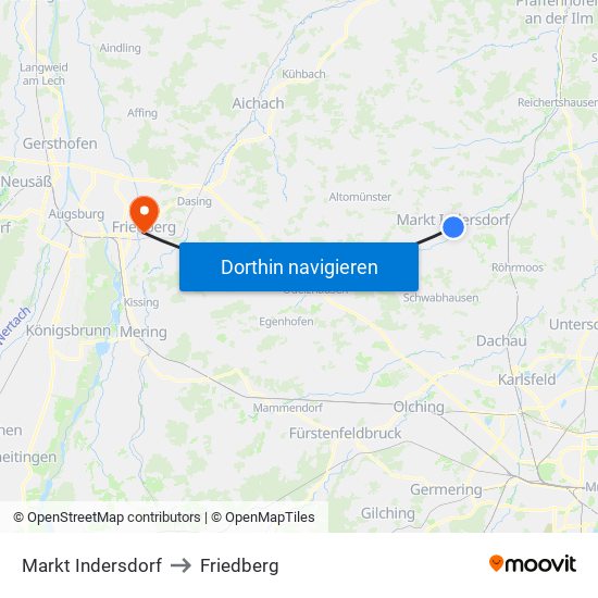 Markt Indersdorf to Friedberg map