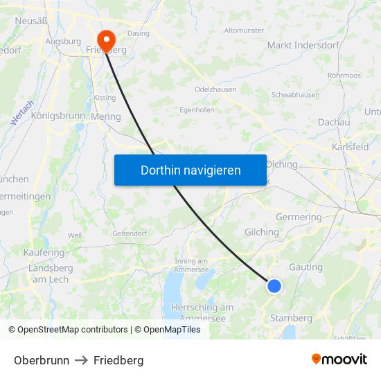 Oberbrunn to Friedberg map