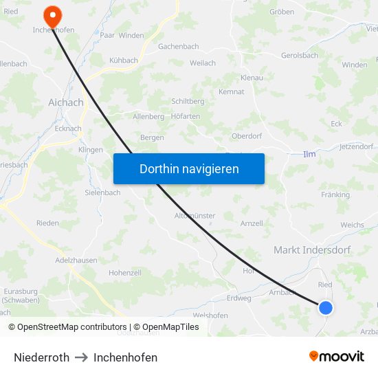 Niederroth to Inchenhofen map