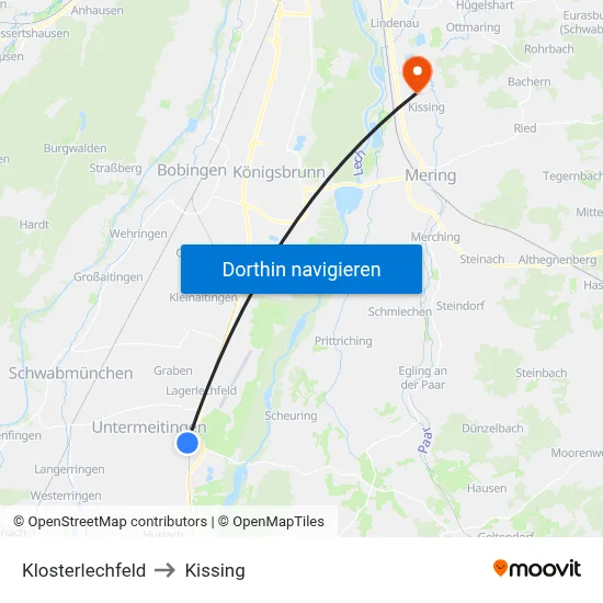 Klosterlechfeld to Kissing map