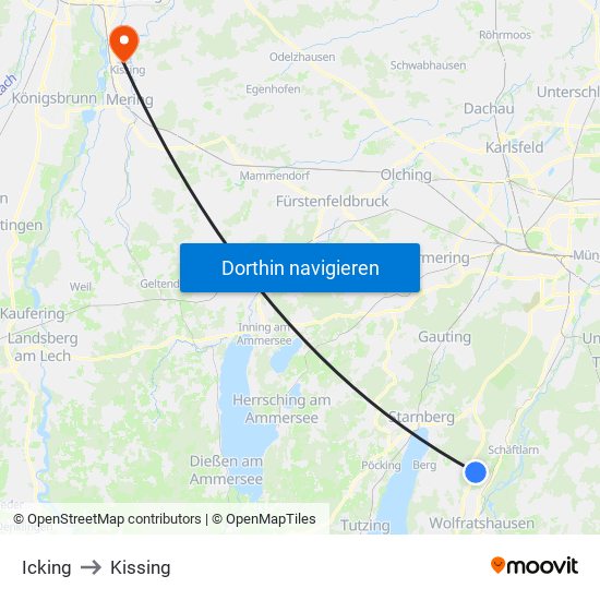 Icking to Kissing map