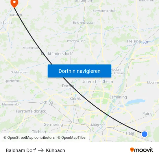 Baldham Dorf to Kühbach map