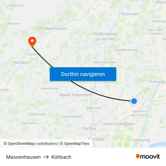 Massenhausen to Kühbach map