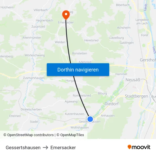 Gessertshausen to Emersacker map
