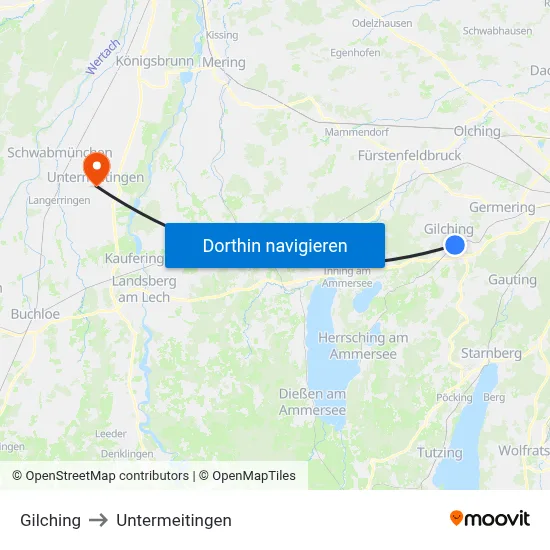 Gilching to Untermeitingen map