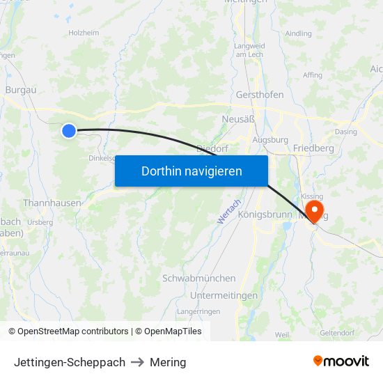 Jettingen-Scheppach to Mering map