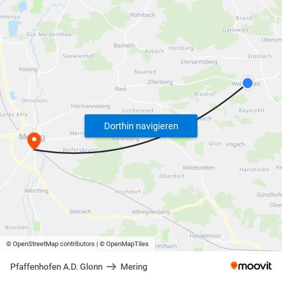 Pfaffenhofen A.D. Glonn to Mering map