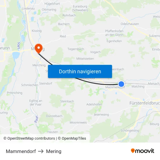 Mammendorf to Mering map