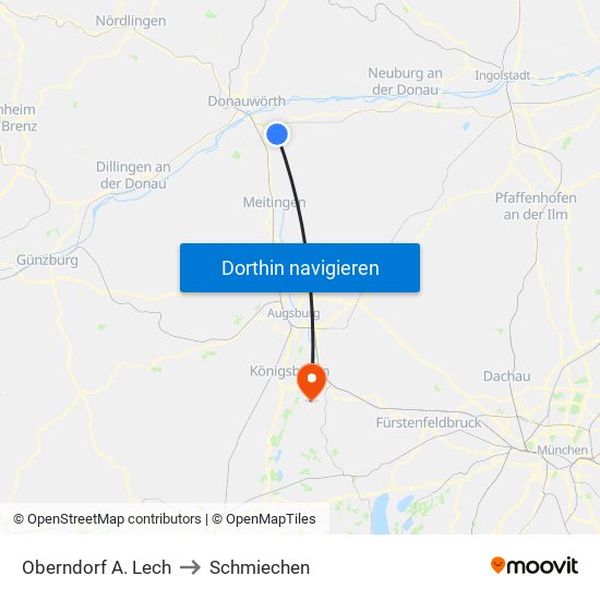 Oberndorf A. Lech to Schmiechen map