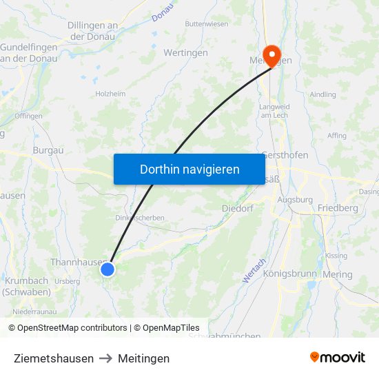 Ziemetshausen to Meitingen map